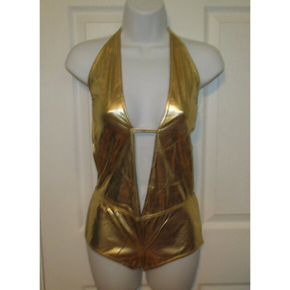 Gold Metallic Booty Shorts 1 Pc Romper - NEW - Picture 1 of 8